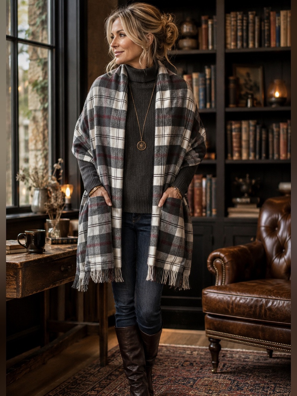 IMAN Oversized Plaid Pocket Shawl Wrap Scarf Gray Fringe Cozy
Dark Academia